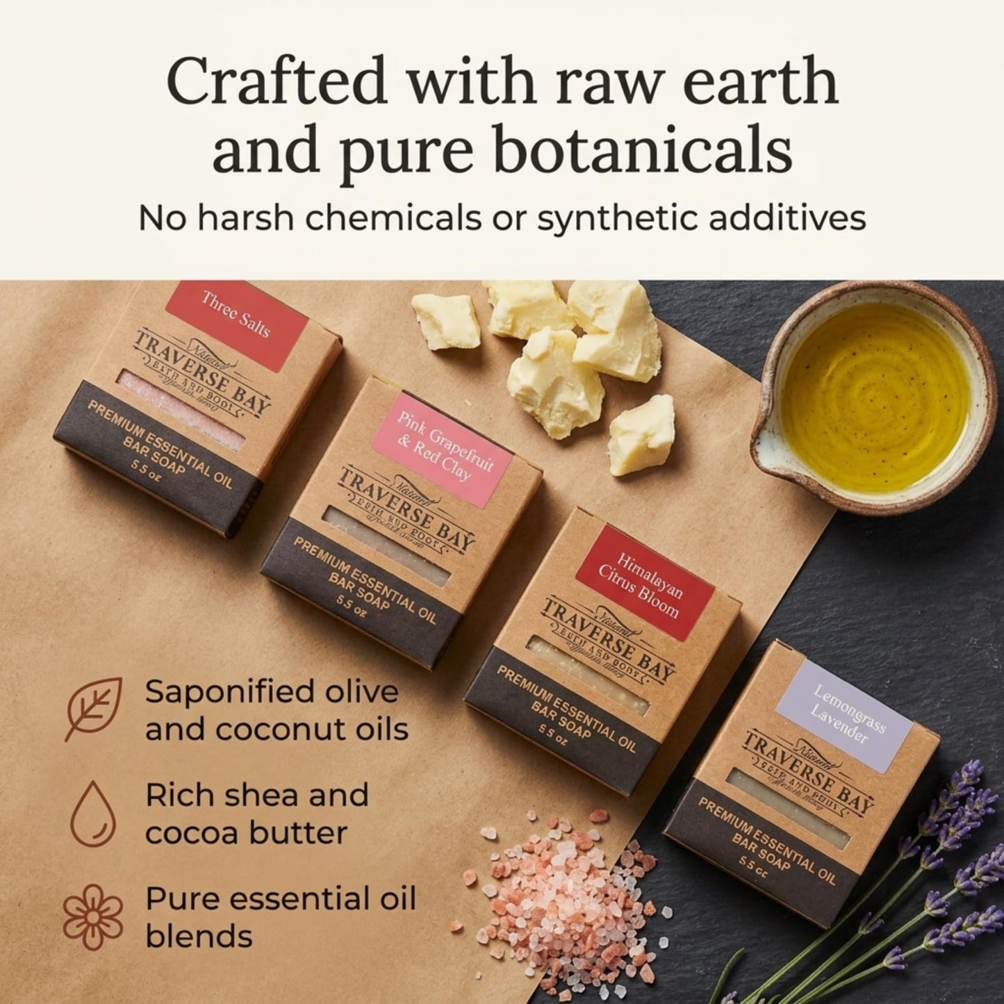 Traverse Bay Bath and Body Natural Cold Process Soap Citrus & Salt 4-Bar Variety Pack, Three Salts, Pink Grapefruit & Red Clay, Himilayan Citrus Bloom, Lemongrass Lavender, 5.5 oz Each, 22+ oz Total