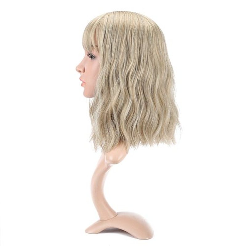 VCKOVCKO Natural Blonde Wigs With Air Bangs for Women Women's Shoulder Length Wigs Curly Wavy Synthetic blonde wig with bang Wigs Blonde Wig for White Women Girls Colorful Wigs(12", Mix Blonde)