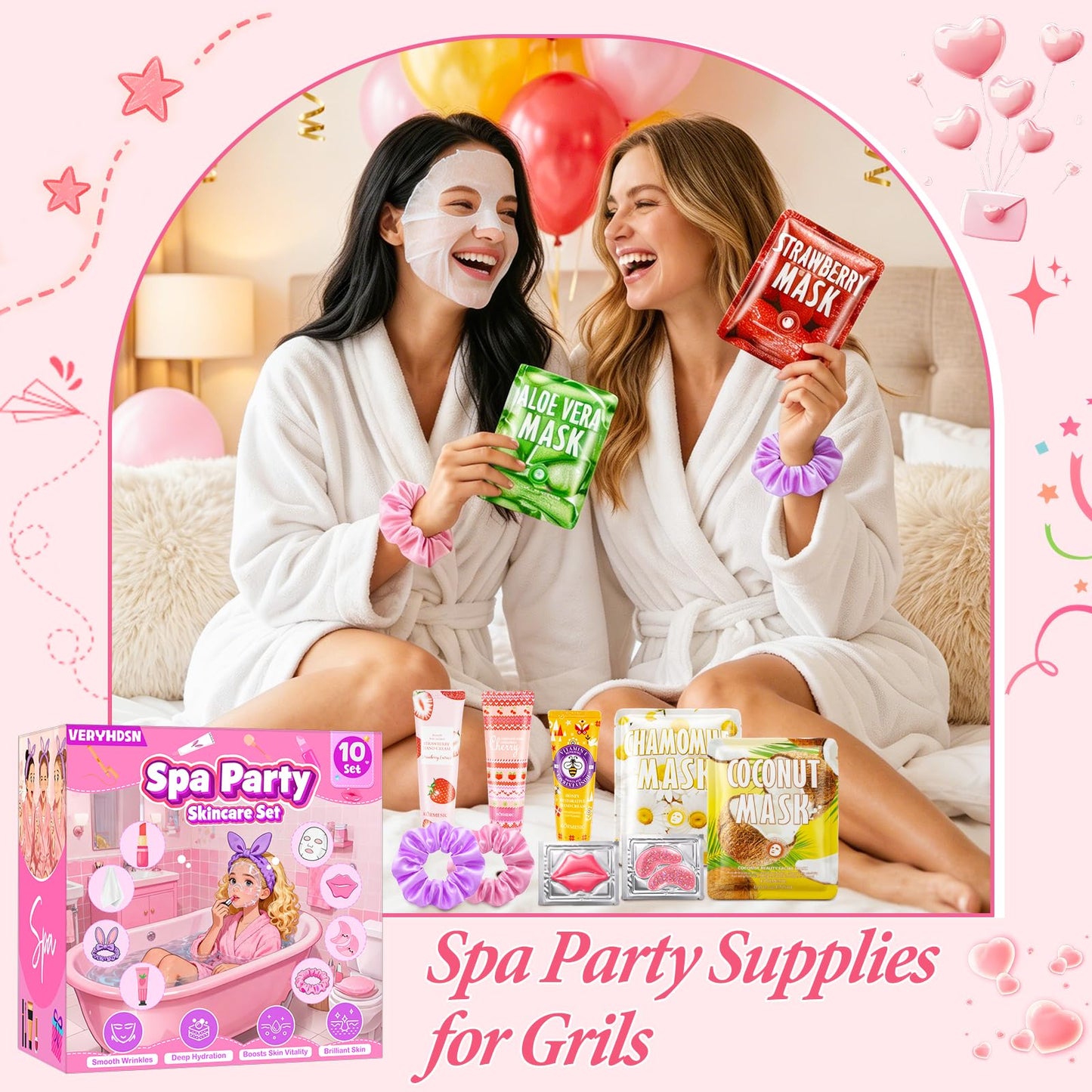 100PCS Spa Party Supplies for Girls, Sleepover & Slumber Party Supplies for Girls, Include Facial Masks, Hand Cream, Lip Balm, Under Eye Patches, Lip Mask, Spa Birthday Party Favors for Women