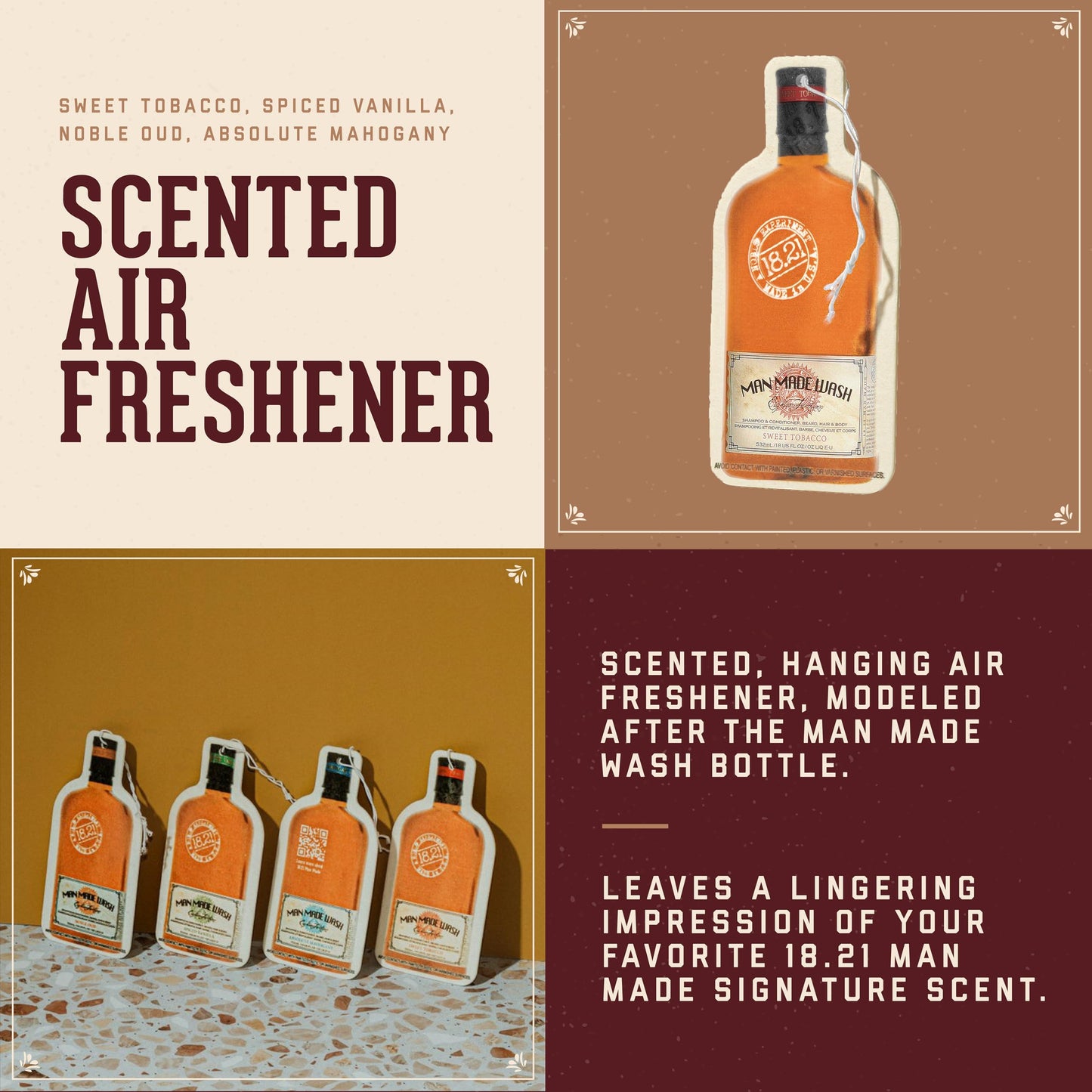 18.21 Man Made Premium Hanging Air Freshener Luxurious Spiced Vanilla Scent, Long Lasting Fragrance for Car, Gym Bag, Travel Luggage or Closet, 1 Count (Pack of 1)