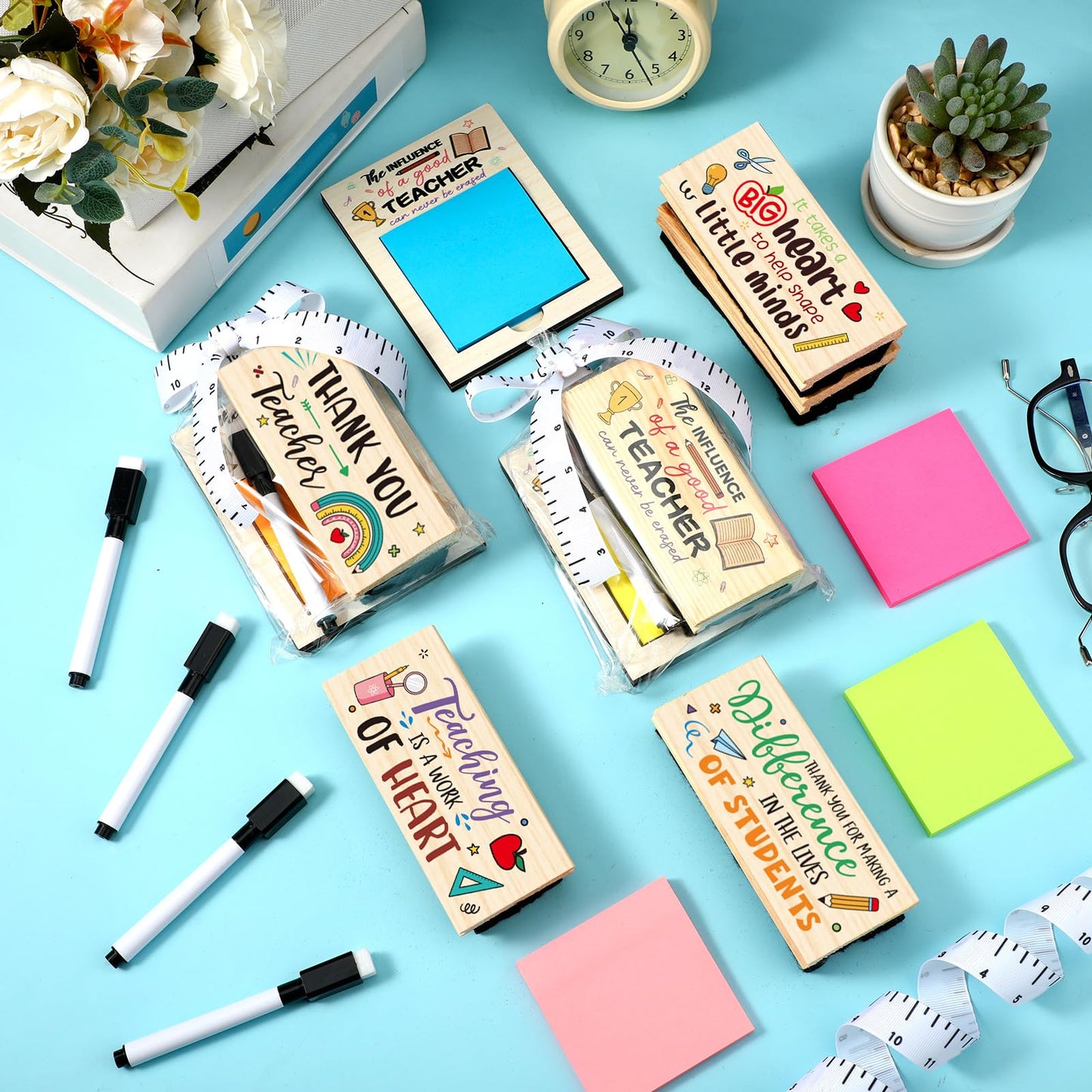 Kosiz 31 Pcs Back to School Teacher Gifts Bulk, Including 6 Thank You Wood Chalkboard Erasers with Markers 6 Note Sticky 6 Wooden Note Holder Measuring Tape for First Day of School Classroom Favor