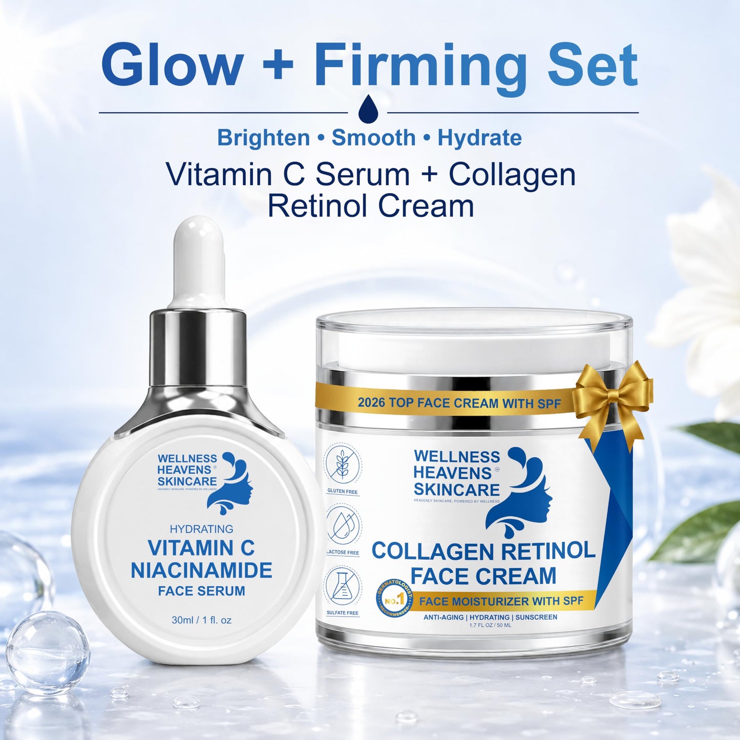 Anti-Aging Face Serum and Moisturizer Set - Skin Brightening Serum and Cream Duo - Dark Spot Correcting Serum and Moisturizer Bundle - Glass Skin Set - Moisturizing SPF Sunscreen for Face - Skincare