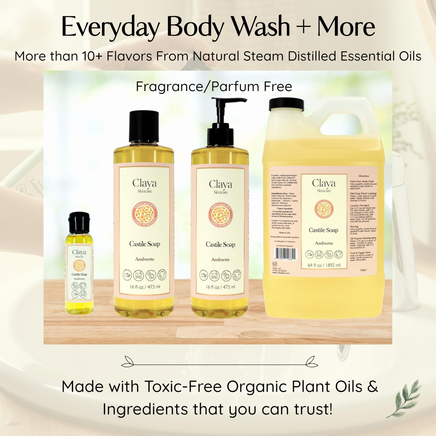 Claya Ambrette Liquid Castile Soap – Organic Ingredients, Biodegradable, Gentle for Sensitive Skin and Versatile Use (16 fl oz (Pump Cap))