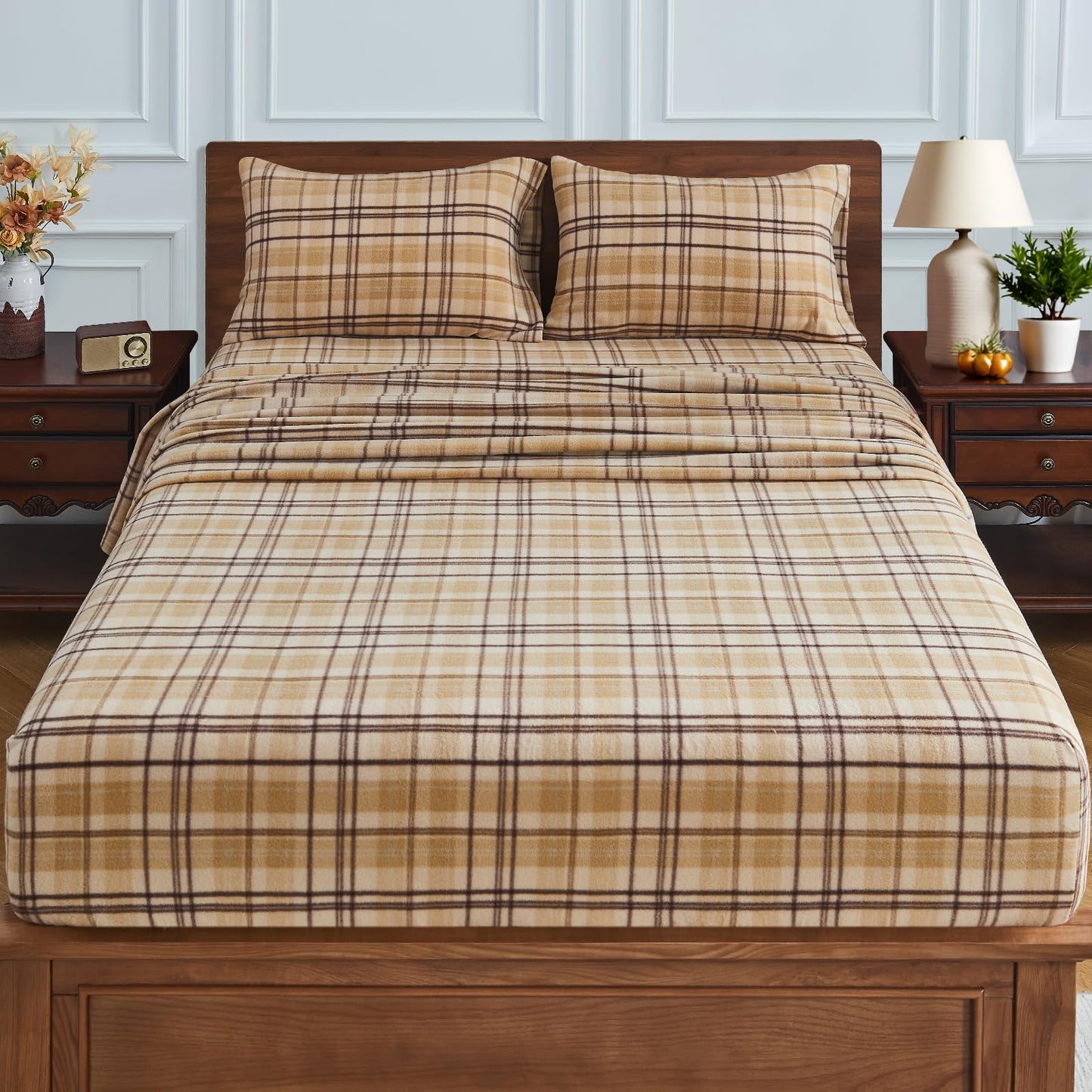 HYPREST Flannel Sheets King Size, Plaid Sheets Double Brushed, Camel Beige Plaid Warm Bed Sheets Winter Fuzzy Bedding