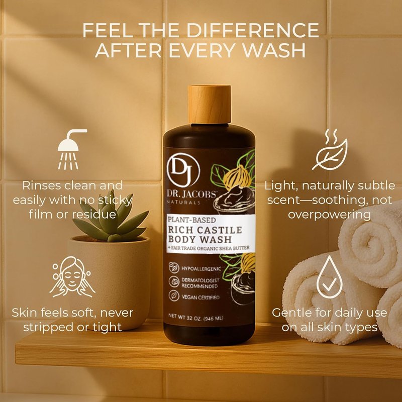 Dr. Jacobs Naturals Pure Castile Soap - Sandalwood Liquid Body Wash with Vitamin E & Aloe Vera | 16 oz for Dry Skin