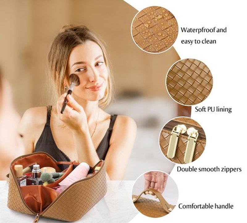 ALEXTINA Large Capacity Travel Cosmetic Bag - PU Leather Makeup Organizer Bag Portable Woven Makeup Bags for Women Waterproof Travel Toiletry Bag with Divider Pouch, Brown