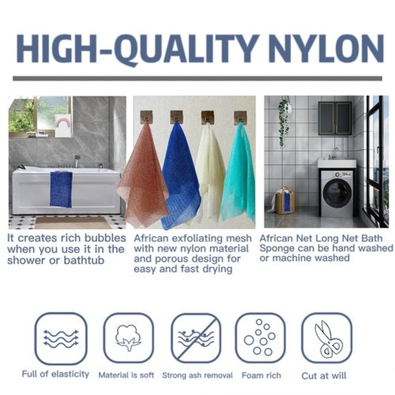 SPMKTBOZAI African Exfoliating Net, 4 Pieces African Net Sponge, Nylon African Bath Sponge Net, African Net Long Net Bath Sponge Shower Body Scrubber(Light Blue,Blue,White,Brown)