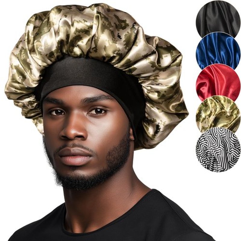 Niagara Satin Bonnet Men - Khaki Bonnet for Sleeping Men - Reversible Night Cap - Mens Bonnet for Curly Hair - Large Bonnet with Double Layer