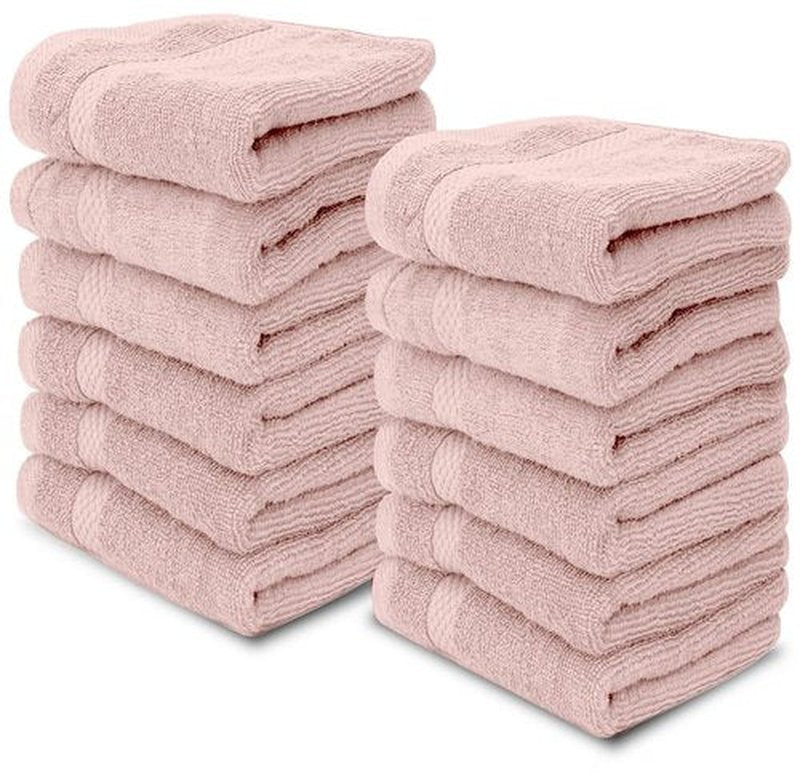 White Classic Luxury Cotton Washcloths - Large Hotel Spa Bathroom Face Towel | 12 Pack | Pink