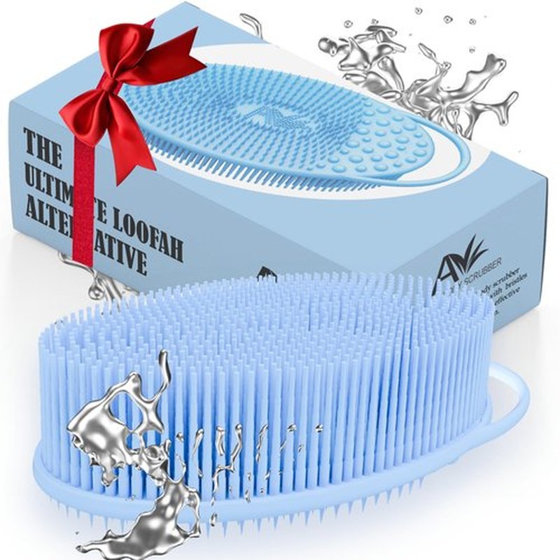 Avilana Silicone Exfoliating Body Scrubber – Dual-Sided Silicone Loofah for Shower, Body Scrubber for Men & Women, Gentle Loofa Alternative, Easy-to-Clean Silicone Body Scrubber (S2-Blue with Silver)