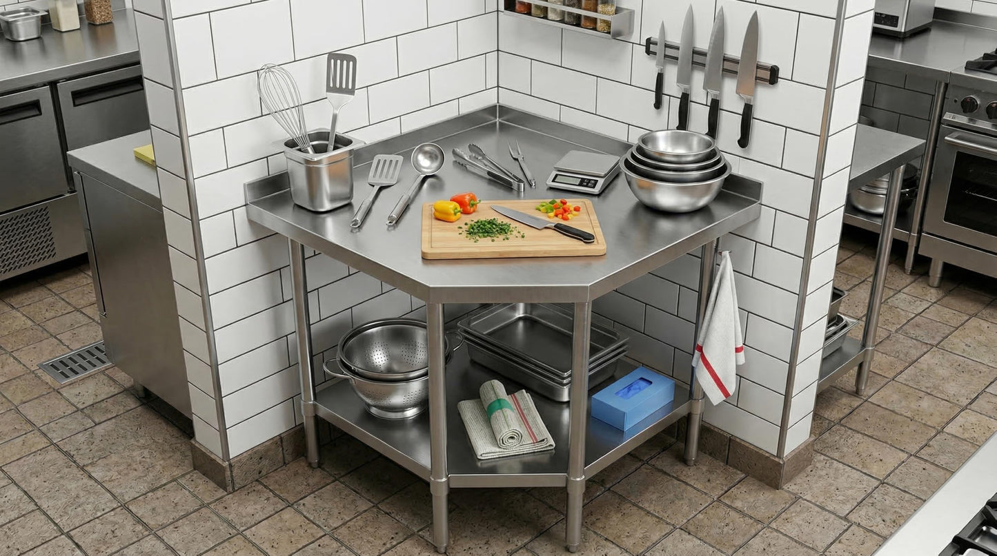 Stainless Steel Corner Work Table 32 in. x 32 in. x 35 in. with 1.5 in. Backsplash, Galvanized Undershelf, 5 Leg Support, Commercial Prep Table for Restaurant Kitchen Utility