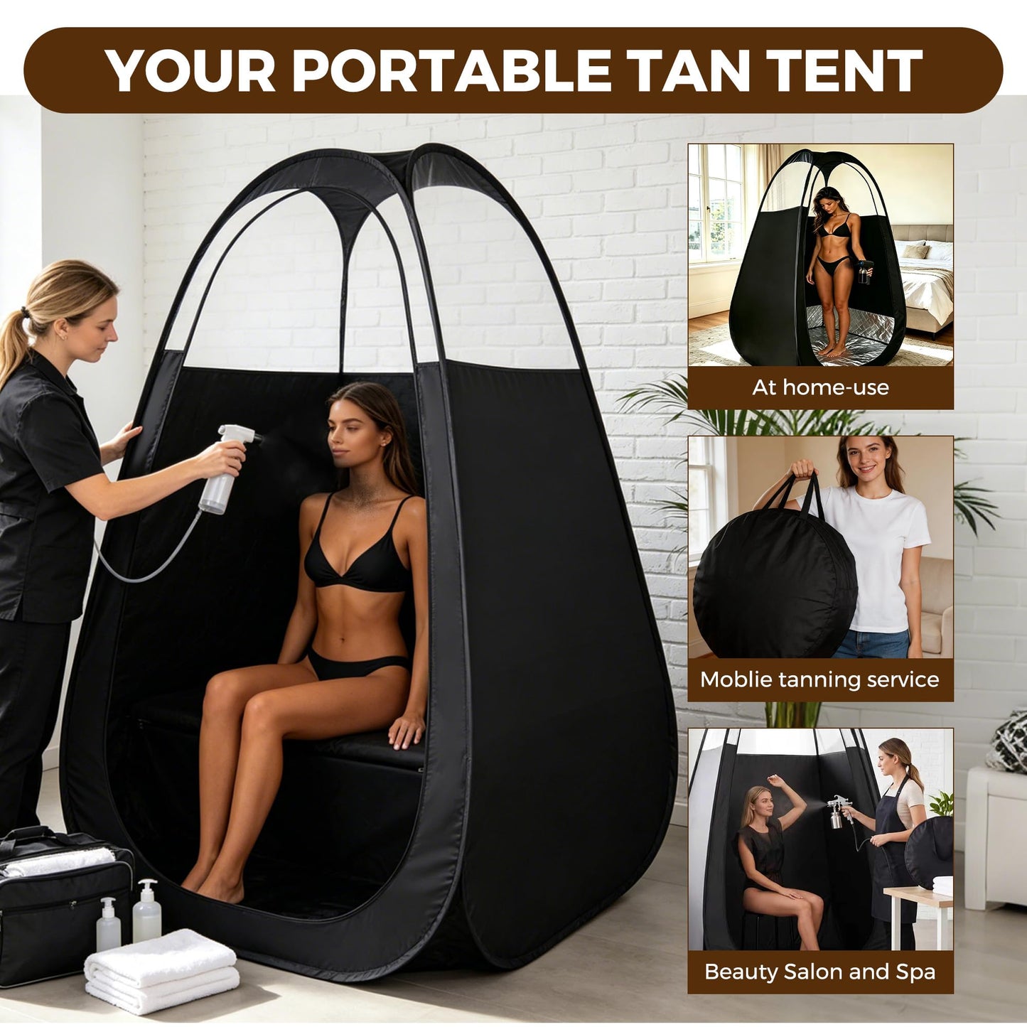 Large Spray Tan Tent Kit, Deluxe Pop Up Portable Professional Self Tanning Tent with Carry Bag Waterproof Floor, Sunless Spray Tan Booth with Vent Opening (Black)