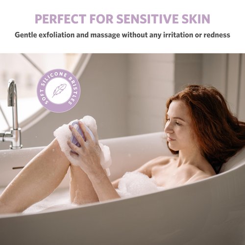 Sndyi Silicone Body Scrubber, Gentle Exfoliating Body Scrubber for Sensitive Skin, Leaf Shaped Shower Scrubber for Body with Lathering Bristles, Silicone Loofah Body Brush for Showering, Purple