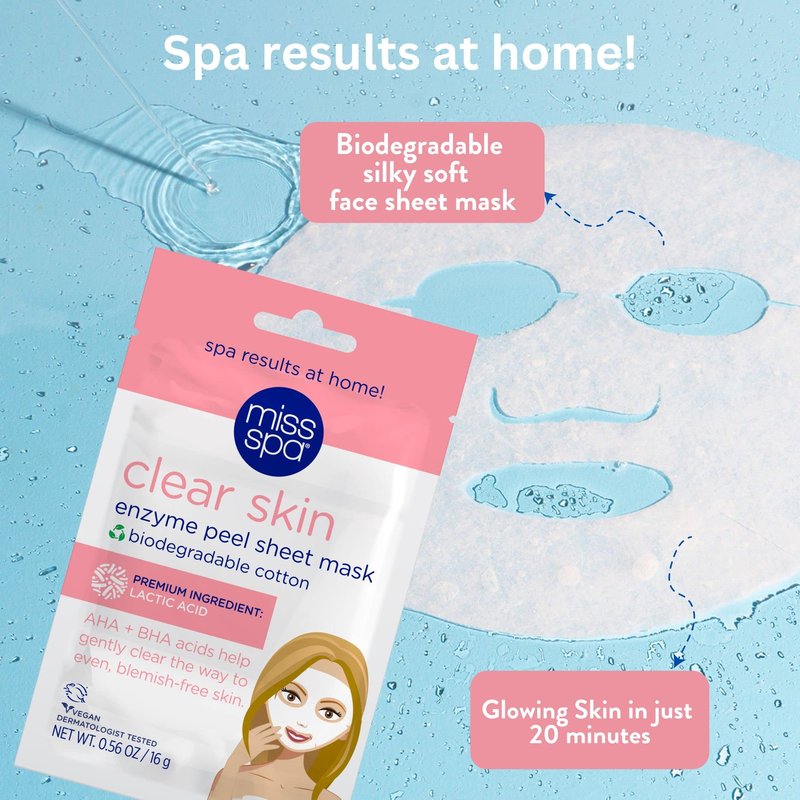 MISS SPA Face Mask Skin Care, Clear Skin Enzyme for Women, Exfoliating Sheet Mask for Acne, Blemish Free Skin, Biodegradable Cotton Sheet Mask, Dermatologist Tested, 4 Pack
