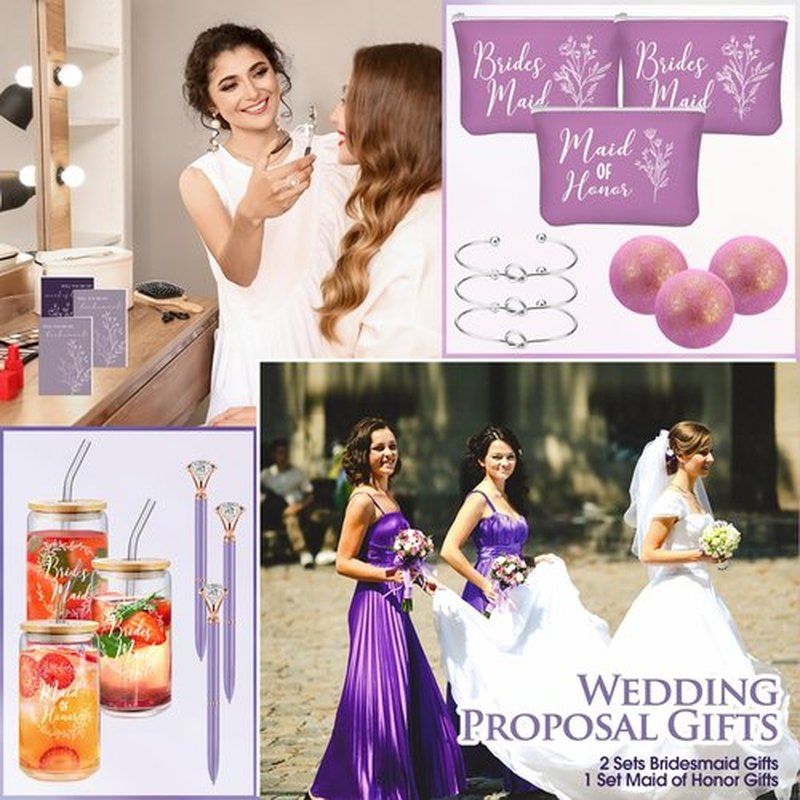 Skybooly 18 Pcs Bridesmaid Proposal Gifts Maid of Honor Gifts Including Brides Maid Glass Cup Makeup Bag Diamond Pen Bracelet Invited Cards for Wedding Party Favors(Purple)