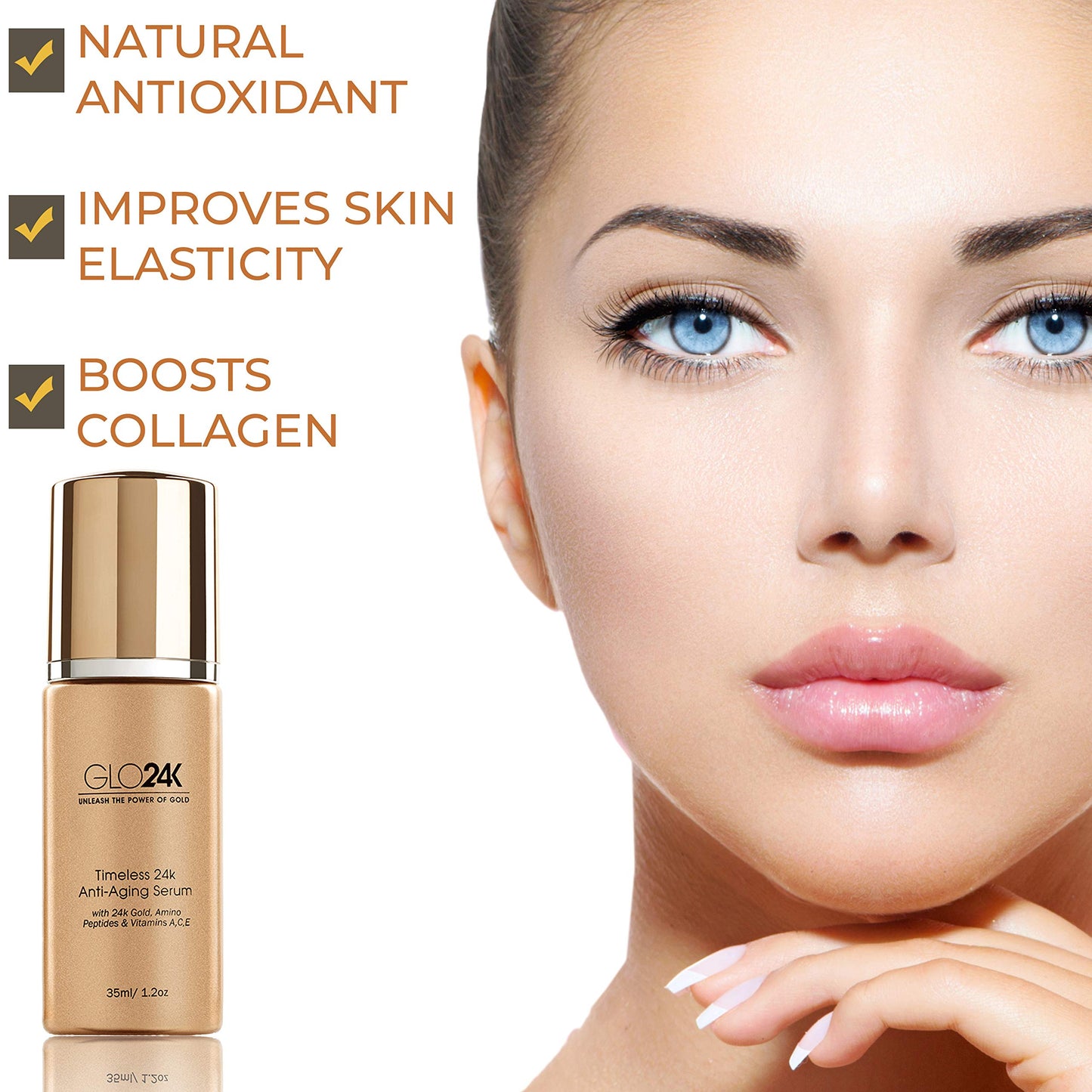 GLO24K Timeless Serum with 24k Gold, Peptides, and Vitamins A,C,E. A Powerful formula to nourish and revitalize your skin.
