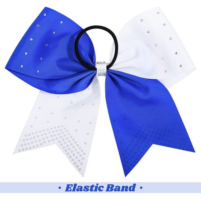 DEEKA 10 PCS Rhinestones Two Toned Large Cheer Hair Bows 7" Glitter Cheer Ponytail Holder Handmade for Teen Girls Softball Cheerleader Sports -Royal Blue/White