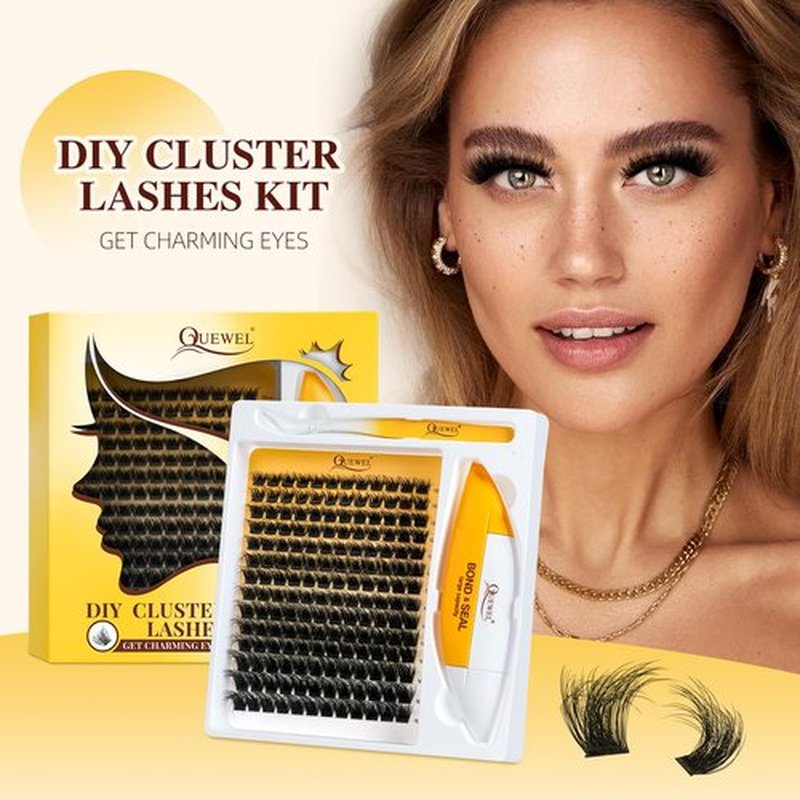 QUEWEL Fluffy Lash-Clusters Kit, DIY Lash-Extension Kit Includes 168 Pcs Lash-Clusters with Large Capacity 16ml Bond&Seal Lash Applicator, Cluster Lashes Kit Easy to Use at Home (3D PY01-MIX10-18 Kit)