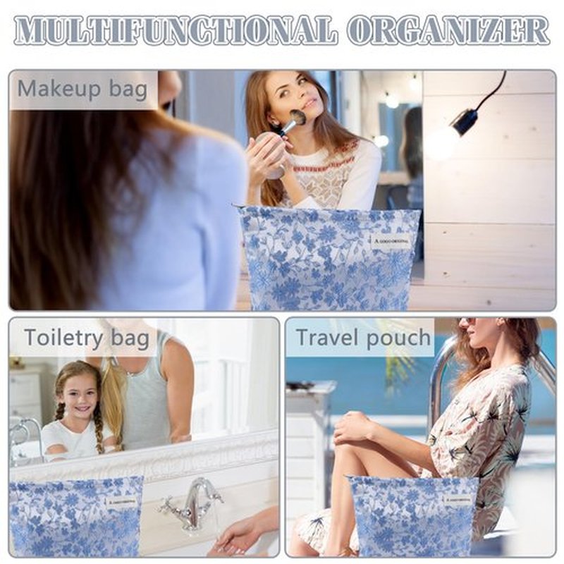 ZLFSRQ Daisy Flower Makeup Bag Travel Floral Cute Cosmetic Bags for Women Large Makeup Pouch Zipper Cosmetic Pouch for Purse Aesthetic Embroidery Blue Makeup Organizer Bag Portable Toiletry Bag