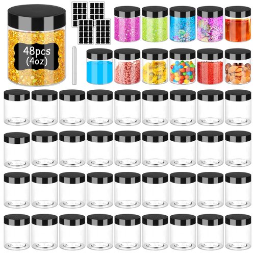 Hajoyful Plastic Jars with Lids 4OZ 48PCS,Small Cosmetic Slime Containers Clear Travel Round Jars Empty Refillable Sample Containers Leak Proof Pot Jars with Black Lids for Lotion, Cream, Cosmetics