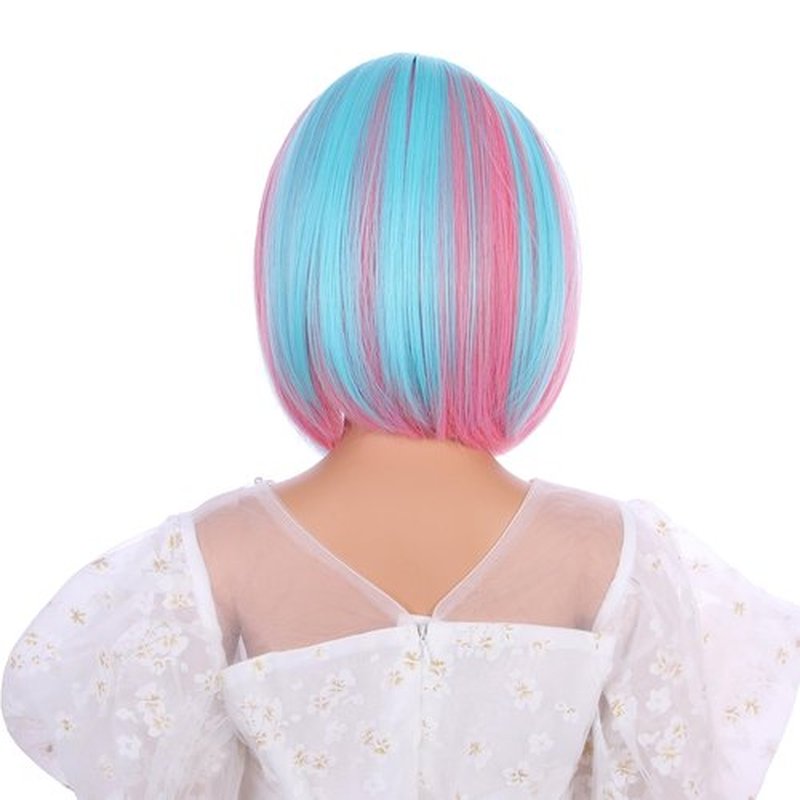 Edivd Girls Blue Mixed Pink Bob Wig Kids Short Pink Mixed Blue Bob Wig with Air Bangs Child Rainbow Bob Wig Heat Resistant Synthetic Wig with Wig Cap