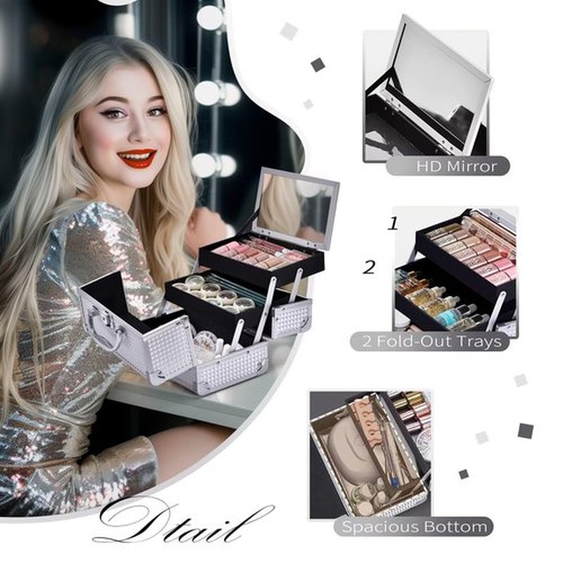 Joligrace Makeup Box Cosmetic Train Case Jewelry Organizer Lockable with Keys and Mirror 2-Tier Tray Portable Carrying with Handle Travel Storage (Classic Silver)