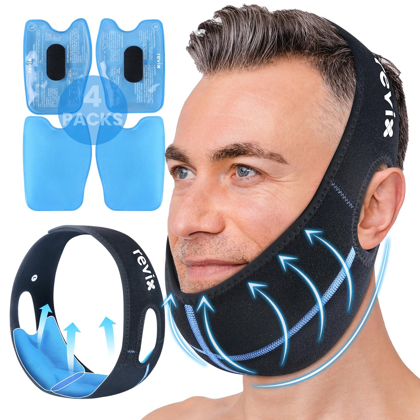 REVIX Wisdom Teeth Ice Pack Head Wrap with 3D Sewing Jaw Ice Pack for Face Oral Surgery Pain Relief for TMJ, Tooth Extraction & Teeth Removed, Extra Snug Fit with 4 Hot Cold Gel Packs Reusable, Black