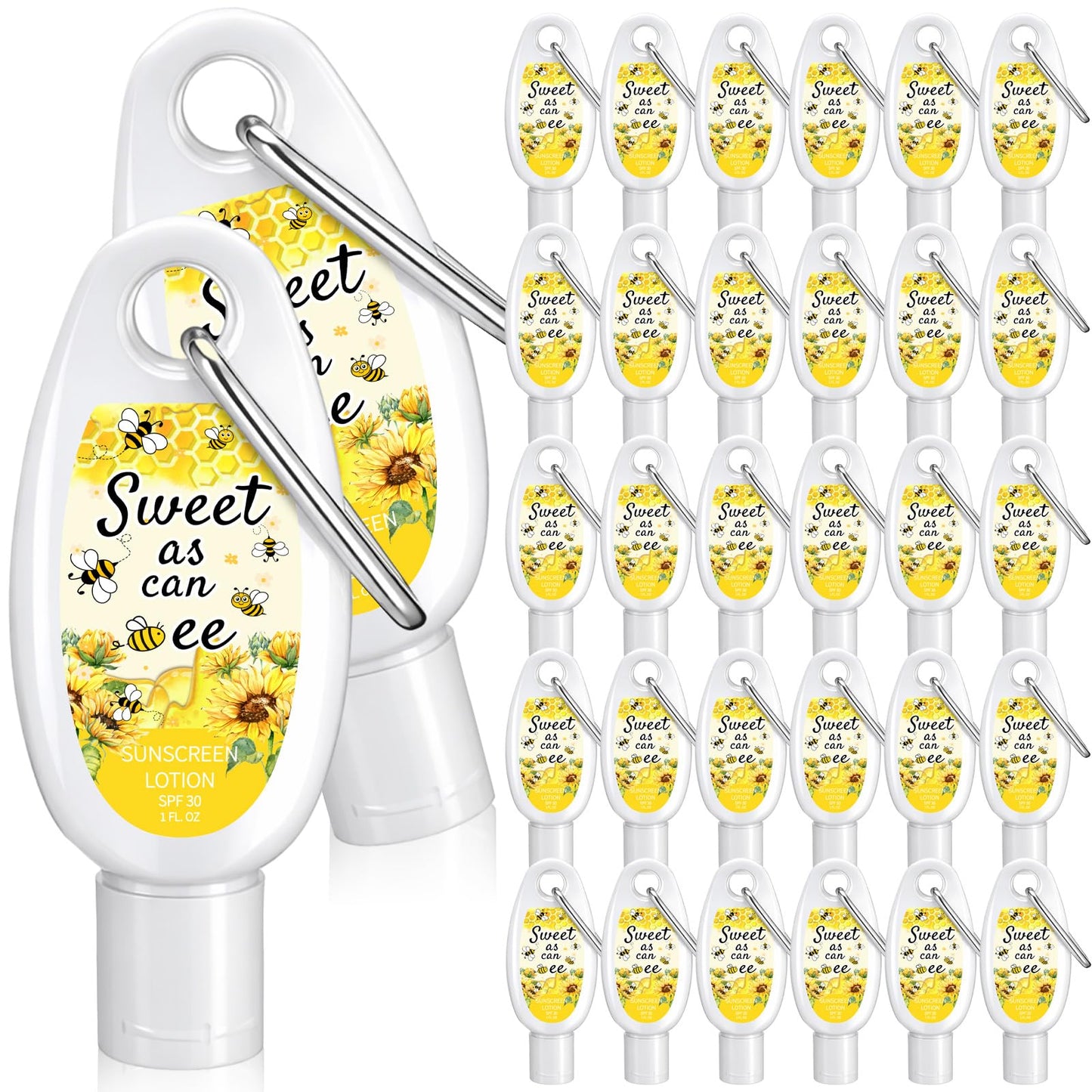 Leelosp 30 Pcs Sweet As Can Bee Baby Shower Sunscreen Favors Spf 30 with Carabiner, 1 Fl oz Travel Size Mini Sunscreen Bulk for Summer Outdoor Baby Shower Guests