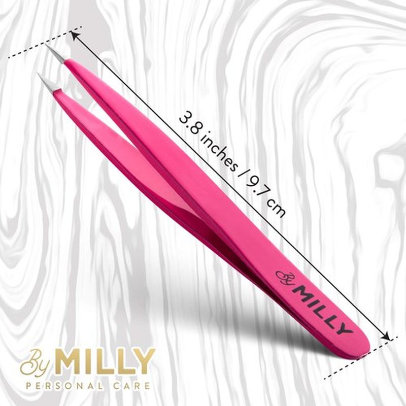 By MILLY Pointed Tweezers | High Carbon Stainless Steel Needle Nose Tweezers | Fine Point Tweezers Precision Hair Removal | Perfectly Aligned & Hand-Filed Sharp Tweezers | Pink
