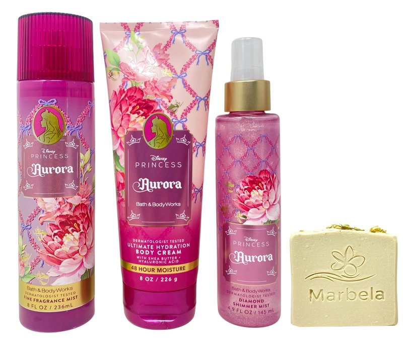 Bath & Body Works Limited Edition Princess Collection Aurora Fine Fragrance Mist, Ultimate Hydration Body Cream and Diamond Shimmer Mist with a Wild Jasmine Bar Soap
