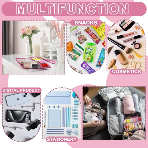 TESAFNG Snack Bag for Travel - Clear Chenille Varsity Letter Flat Pouch with Zipper, Waterproof Clear PVC&PU Preppy Patch Makeup Cosmetic tote Bags for Women Girls (Rose-Snacks)