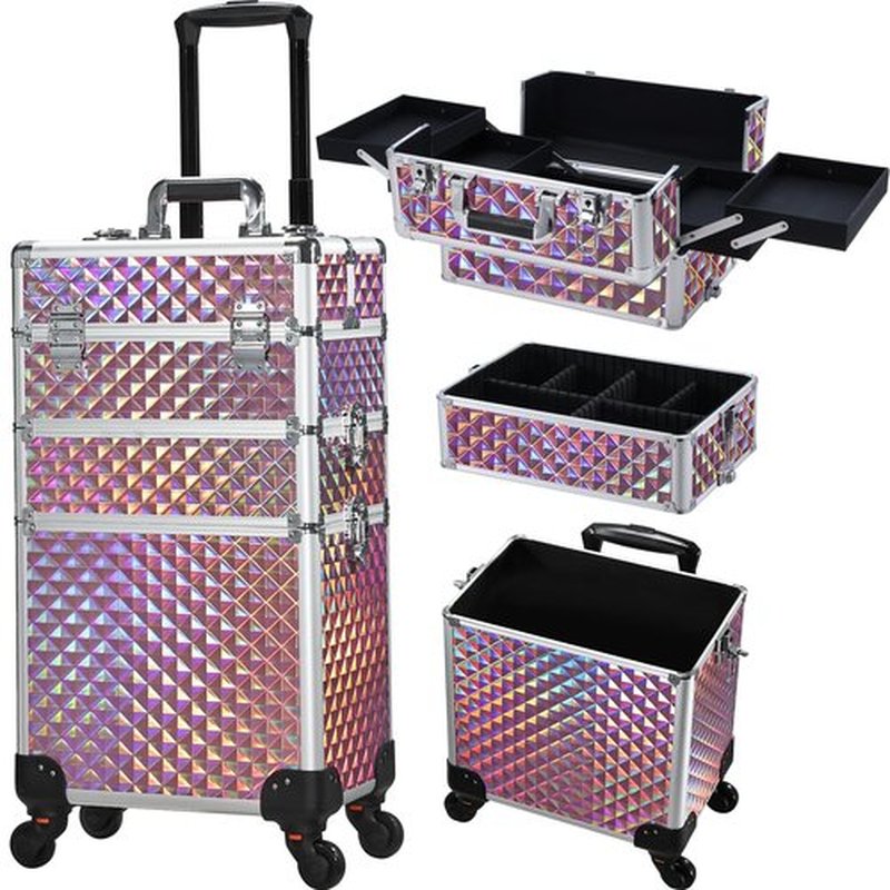 FRENESSA 3 in 1 Rolling Makeup Train Case Portable Cosmetic Trolley Large Storage for Professional with 360° Swivel Wheels Salon Barber Case Traveling Cart Trunk - Glitter Pink