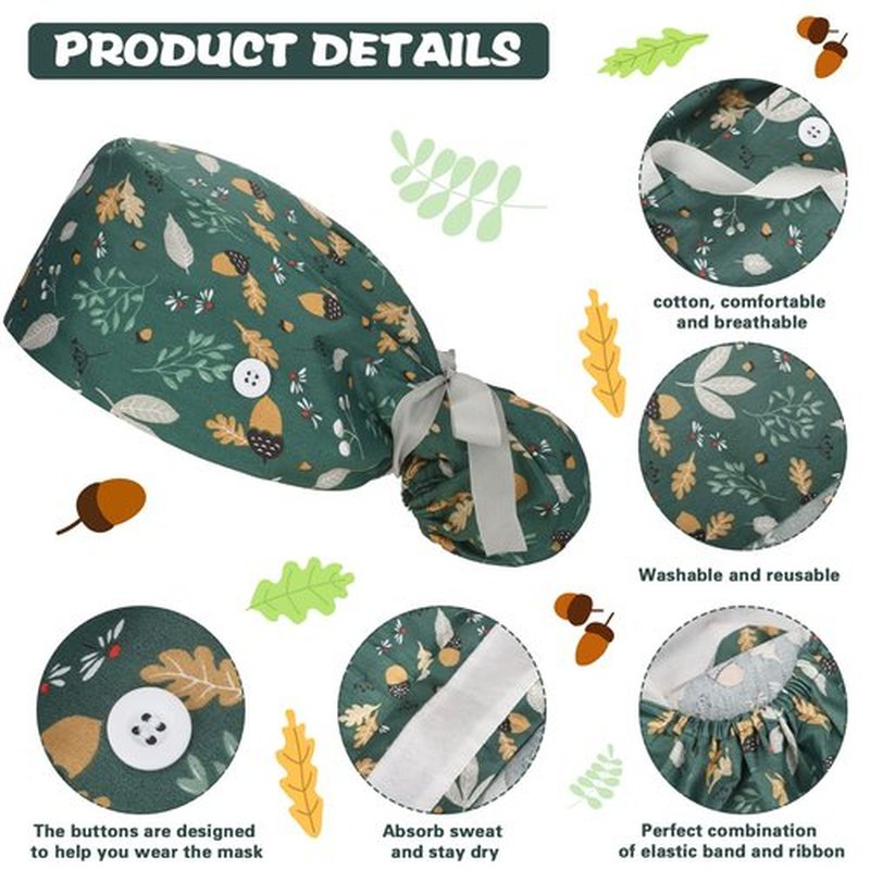 Honoson 6 Pcs Scrub Caps Women Nursing Hats with Buttons Adjustable Bouffant Nurse Ponytail Holder Turban (Cute Patterns)
