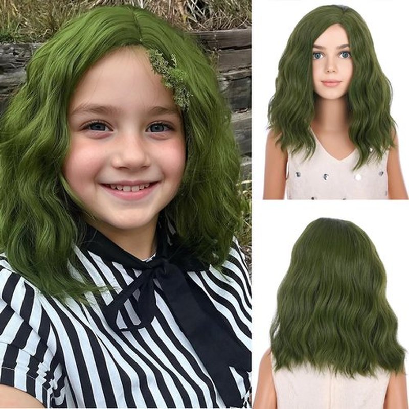PATTNIUM Kids Child Olive Green Wig Dark Green Wig for Child Short Curly Wavy Green Wig Girls Shoulder Length Wigs Synthetic Cosplay Wig with Wig Cap