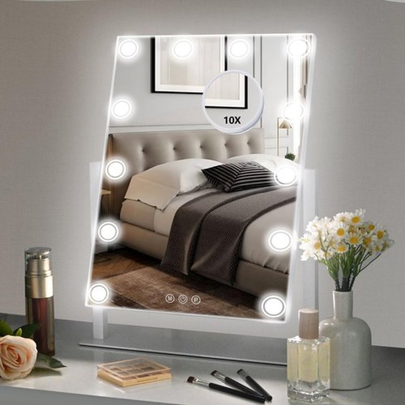 SLIMOON Lighted Makeup Mirror, 17"x 14" Hollywood Vanity Mirror with 12 LED Bulbs, 3 Color Lights, and Detachable 10X Magnification Mirror, 1000mAh Rechargeable, Touch Control, 360°Rotation (White)