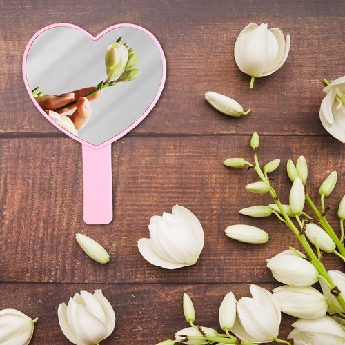 Heart-Shaped Handheld Mirror with Handle, Portable Travel Makeup Hand Mirror Decorative Mini Heart Cosmetic Lash Mirror for Women Girls Valentine's Day (Pink)