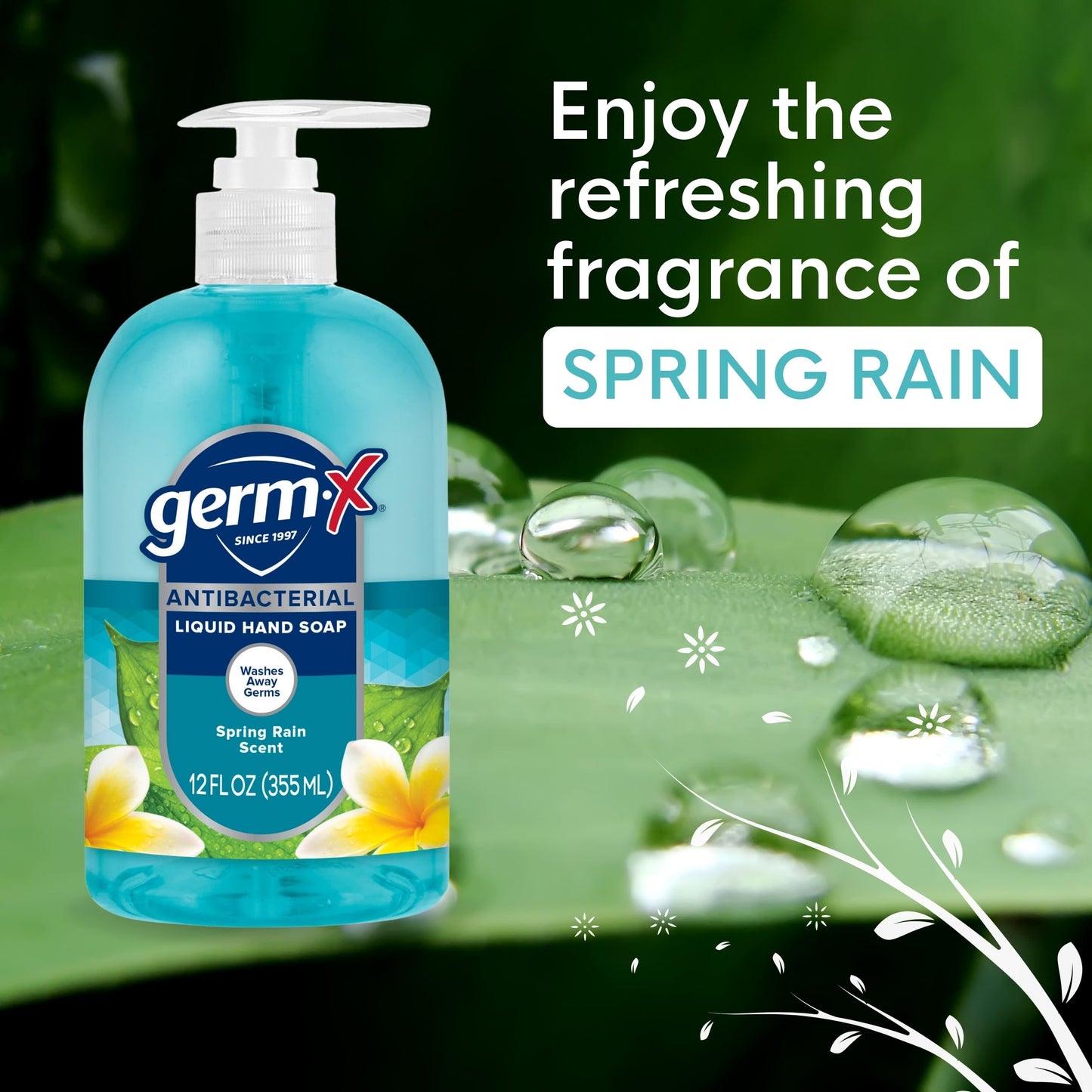 Germ-X Antibacterial Hand Soap,12 Oz,Moisturizing Liquid Hand Wash for Kitchen or Bathroom,pH Balanced & Dermatologist Tested,Spring Rain Scent,Pump Bottle,(Pack of 8)
