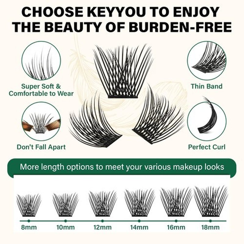 Lash Clusters 144pcs Individual Lashes D Curl 10mm Eyelash Clusters KEYYOU Air Touch Cluster Lashes Super Lightweight Soft Wispy Comfortable Easy DIY at Home(Air01-D-10mm)