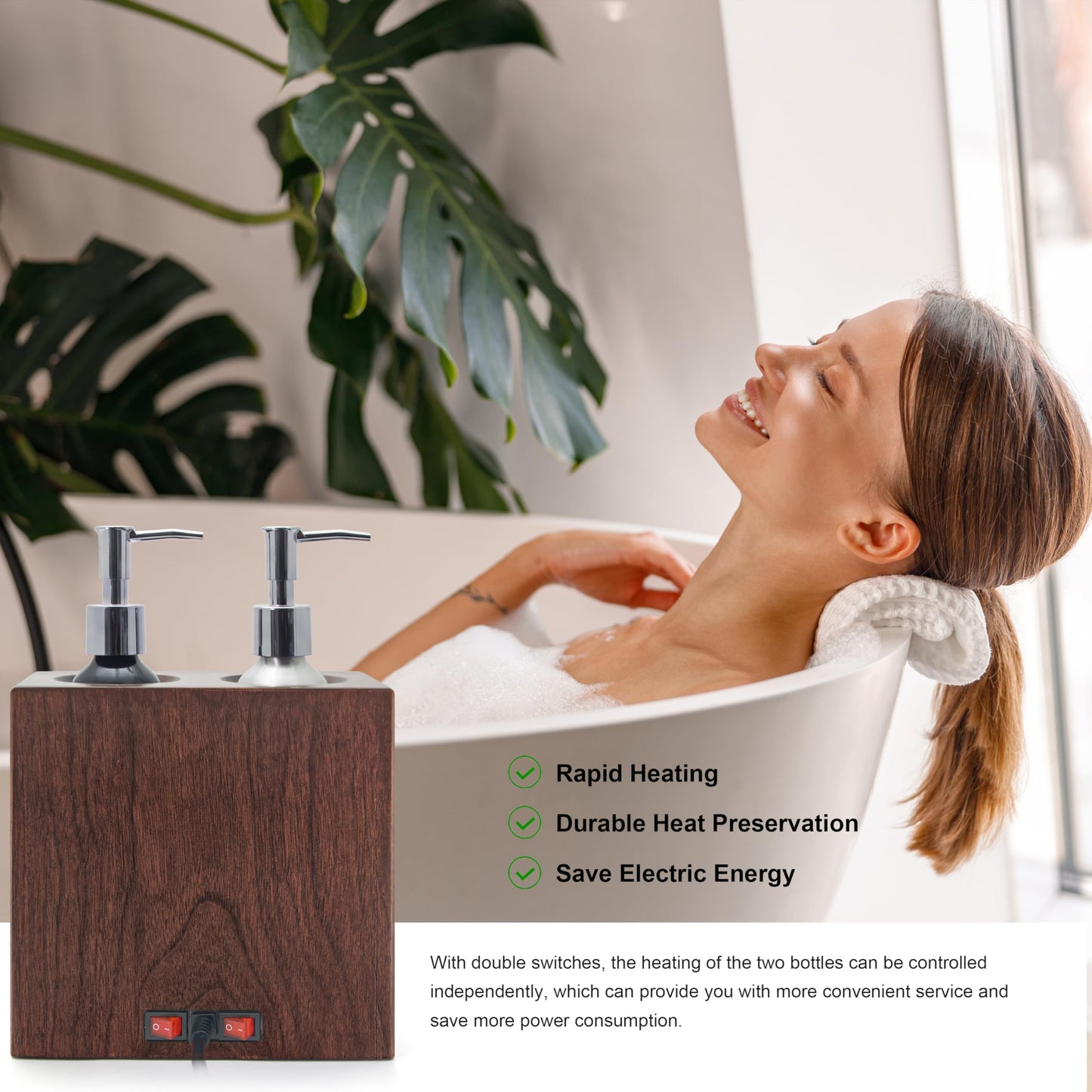 Elitzia Walnut Wood Massage Oil Warmer Independent Dual-Bottle Heating Control with 4 Massage Oil Pump Bottles Lotion Warmer Dispenser Heated 122-140°F Suitable for Salon Spa ETAW03