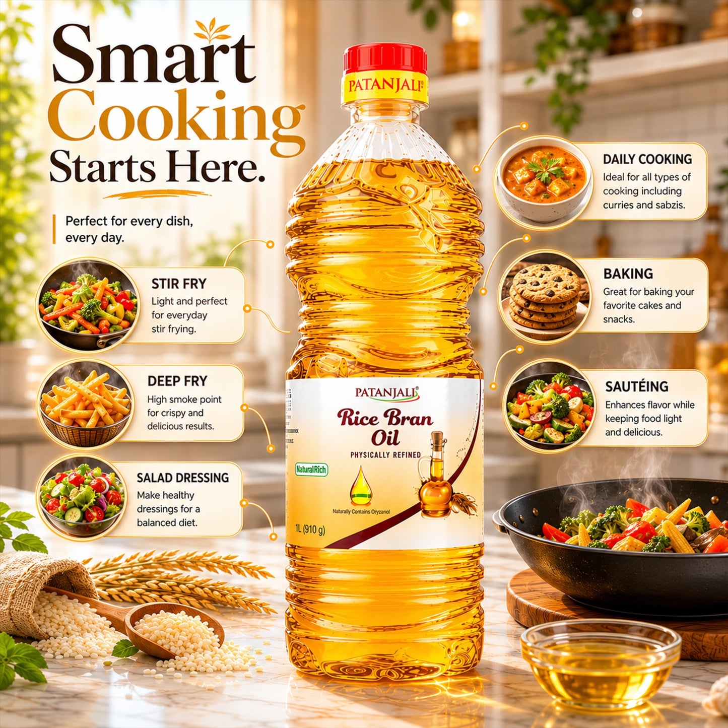 Patanjali Rice Bran Oil, 1 Liter (33.82 fl oz) – Refined Cooking Oil for Everyday Indian & Asian Cooking, Neutral Flavor