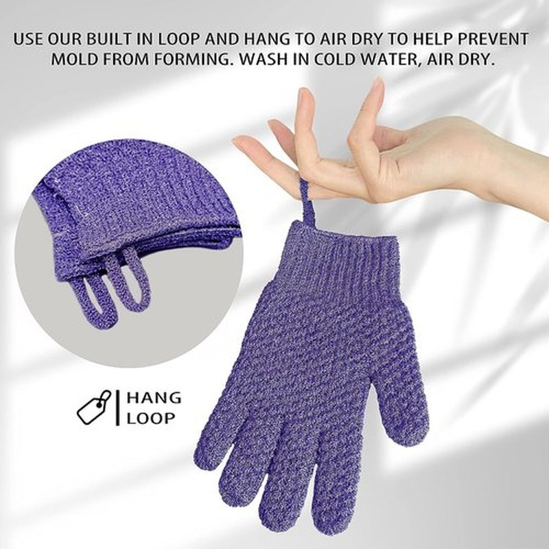 Evridwear Exfoliating Gloves for Shower, 100% Nylon Thick Soft Medium Heavy Bathing Gloves Dead Skin Remover Body Scrubber Smooth Skin with Hang Loop, Purple