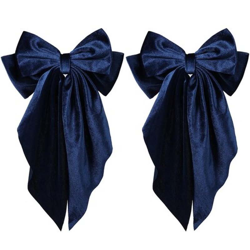 2Pcs Navy Blue Hair Bows Large Velvet Hair Ribbons Bow French Barrettes Clip Long-Tail for Women Girls Oversized Cute Aesthetic Wedding Prom Party Hair Styling Accessories