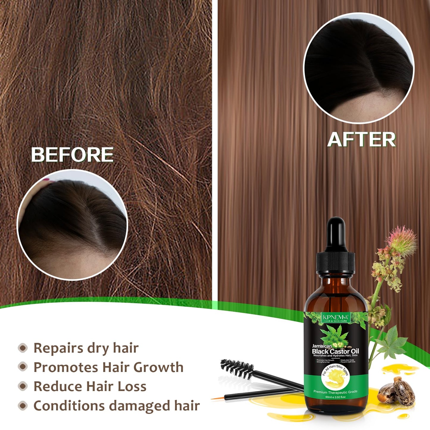 KPNEMA Jamaican Black Castor Oil for Hair Growth, Multipurpose Cold Pressed 100% Natural Castor Oil Organic for Hair and Skin, Eyebrow, Body Care