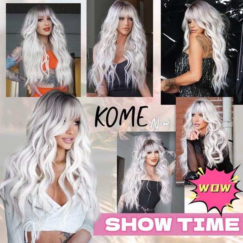 KOME Ombre Platinum White Wigs with Bangs,White Long Wavy Wig for Women,Long Curly Wigs Synthetic Hair Dark Roots Wig for Party Cosplay Daily Use 24IN