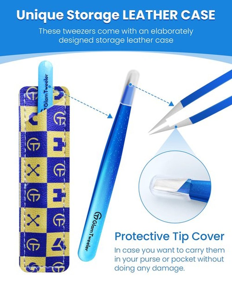 Expert Slant Tip Tweezers with Leather Travel Case, GlamTweeler Sharp & Precision Stainless Steel Tweezer for Eyebrows, Facial Hair and Fine Hairs Removal (Sparkle Royal Blue & Aqua)