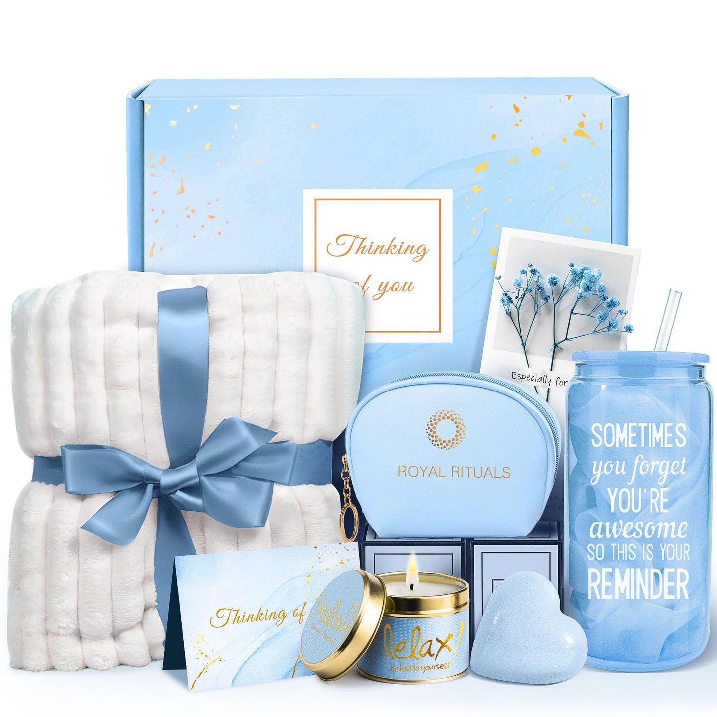Birthday Gifts for Women, Self Care Get Well Gift Basket with Luxury Flannel Blanket, Valentines Mothers Day Christmas Gifts for Mom Best Friend Sister Girlfriend Wife, Retirement Gift for Woman
