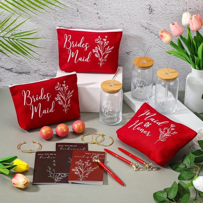 Skybooly 18 Pcs Bridesmaid Proposal Gifts Maid of Honor Gifts Including Brides Maid Glass Cup Makeup Bag Diamond Pen Bracelet Invited Cards for Wedding Party Favors(Red)