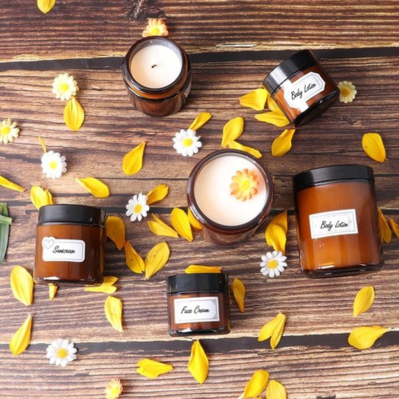 3 Pack 8 oz Amber Glass Jars with lids, Cosmetic Jars with Inner Liners and Black Lids, Lotion Jars, Candle Making Jars for Lotions, Scrubs and Cosmetic, Lables and Spatulas Include