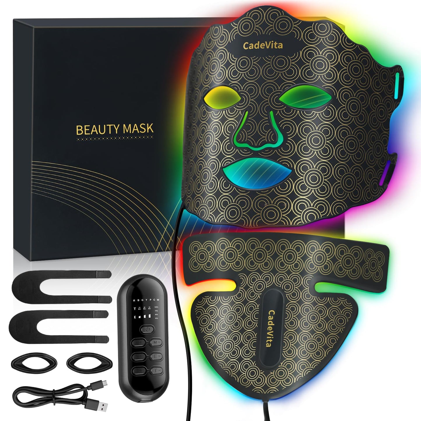 CadeVita Red Light Therapy Mask for Face and Neck, 7 Colors LED Face Mask with 173 LED Beads, 1200mAh Rechargeable Led Face Mask with Timer Function for Skin Care Device at Home and Travel, Black