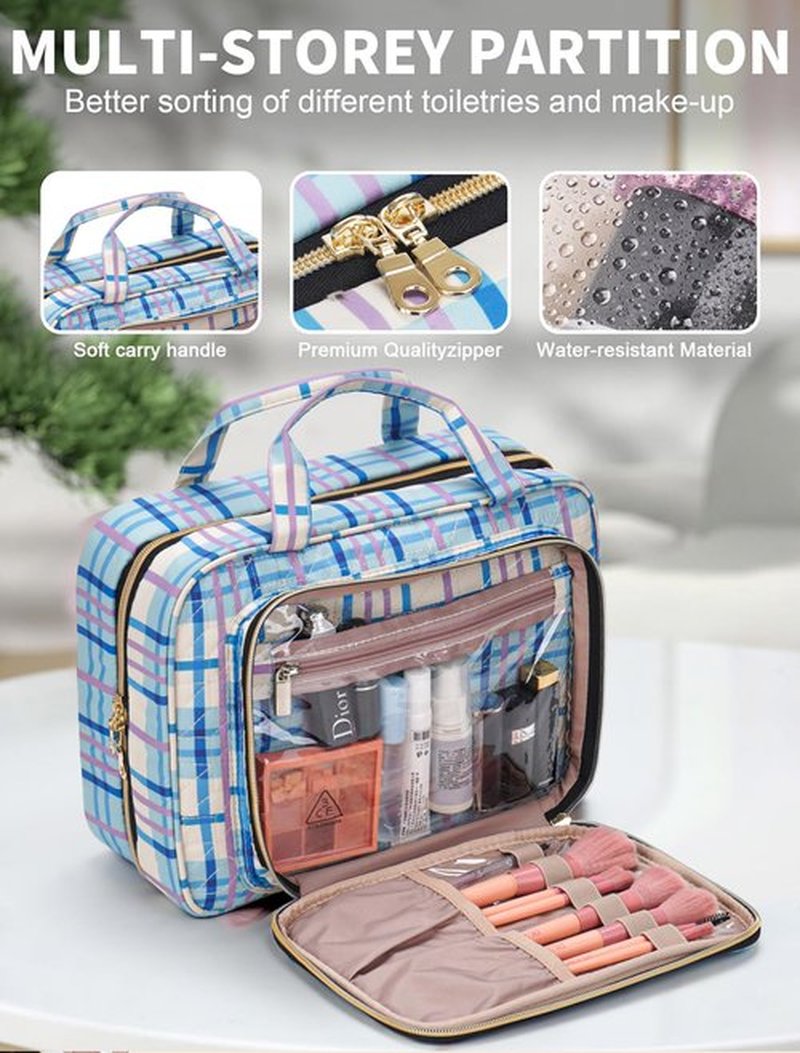 BALULHG Toiletry Bag Travel with Hanging Hook, Water-resistant Cosmetic Makeup Bag Organizer for Shampoo, Full Sized Container, Toiletries，Plaid-blue-L